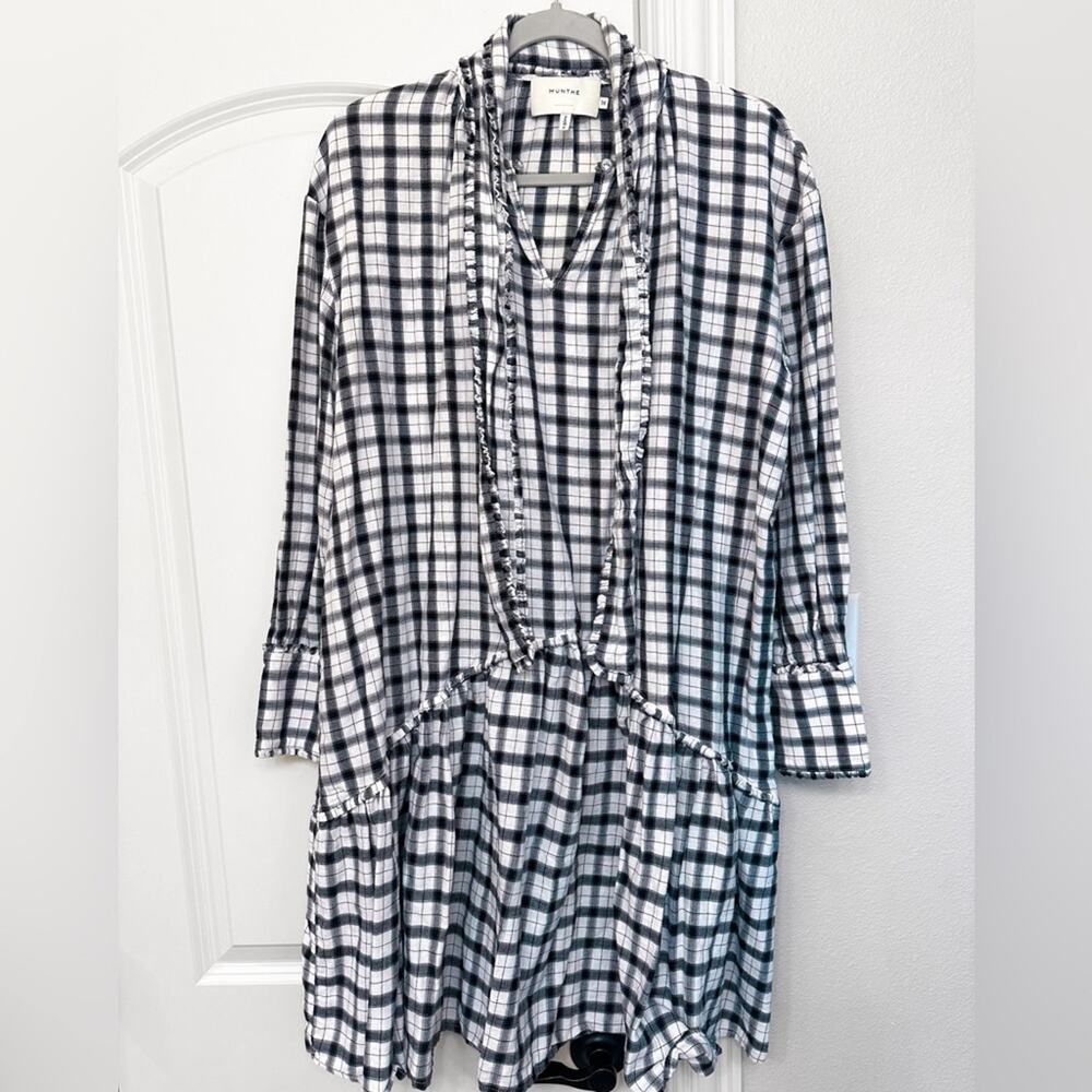 NWOT MUNTHE Tie-neck Ruffled Checked Cotton Dress - Picture 9 of 12